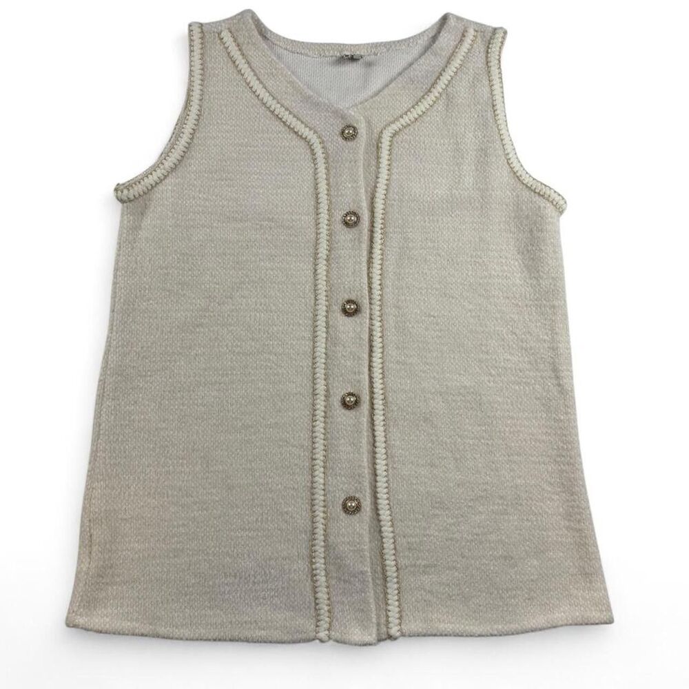 Vintage Style Cream Knit Button Front Vest Gold Buttons Women’s Large